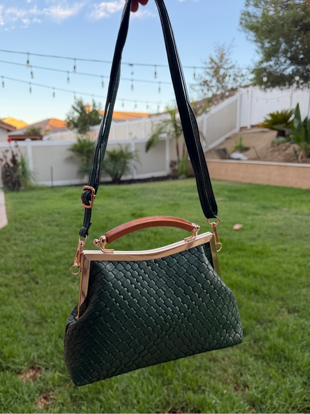 Woven Dark Green Top-Handle Shoulder or crossbody Bag with Gold Trim